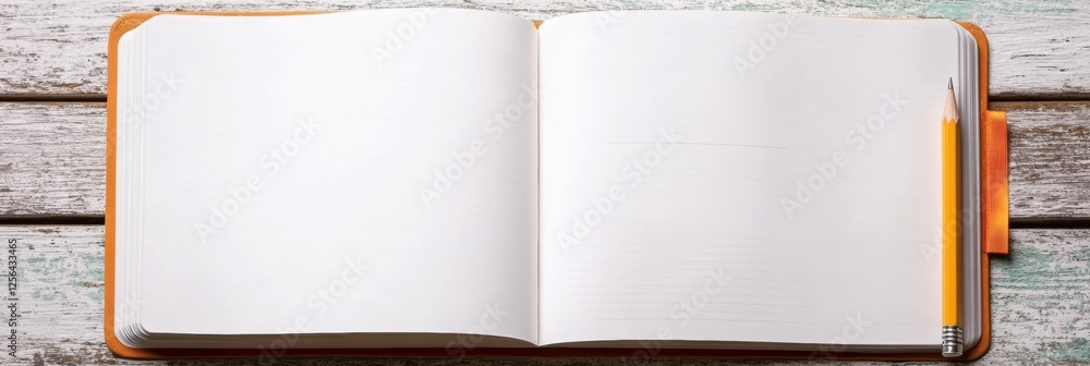 Poster open notebook with a pencil resting on a bright wooden desk in a spacious workspace ready for creati