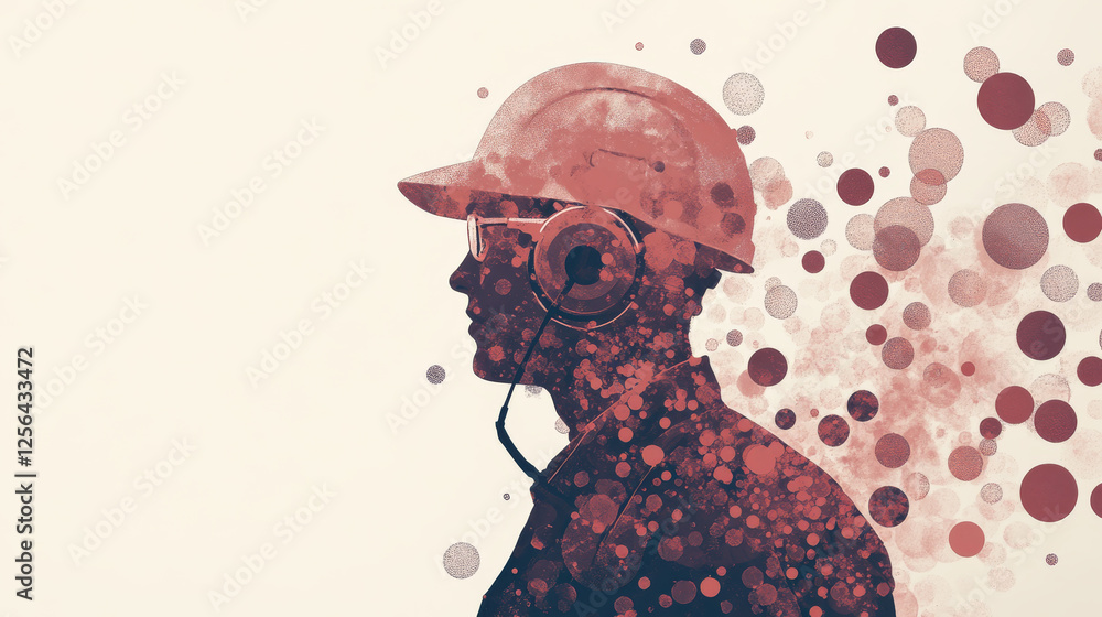 Poster working of the particles. worker in a helmet with a walkie-talkie consists of circles and points. ve