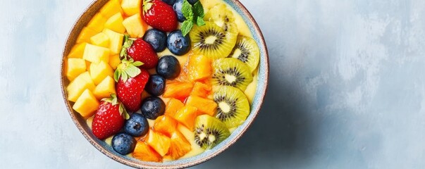Colorful tropical fruit bowl with strawberries, kiwi, blueberries, and mango slices