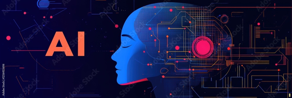 Poster exploring artificial intelligence through vibrant graphic layouts and futuristic design elements