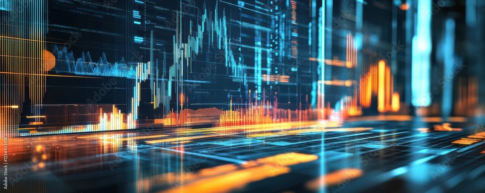 Poster futuristic data visualization with glowing graphs and digital interface