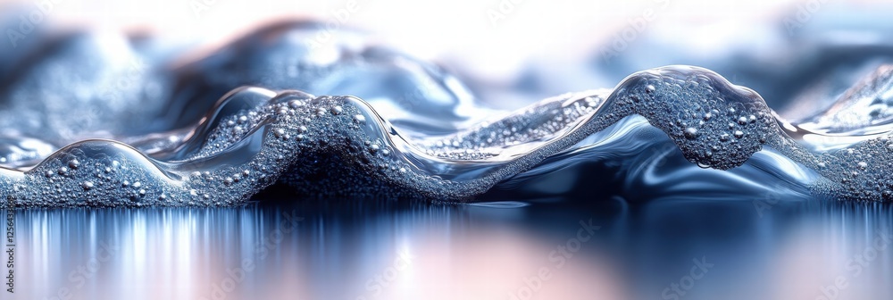 Poster reflections on a glossy surface showcasing cool tones and flowing textures in soft light
