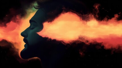 A man's face merges with a fiery nebula, creating a surreal and dramatic image. Warm oranges and deep blues dominate the color palette.