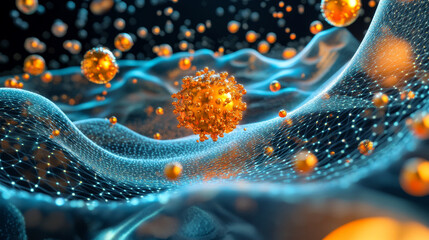 Fototapeta premium Weightlifter of particles. Weightlifter raises the bar over his head