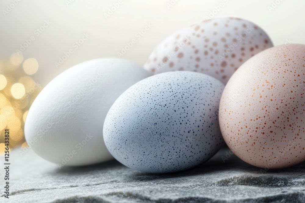 Poster four eggs with different colors and patterns are arranged in a row
