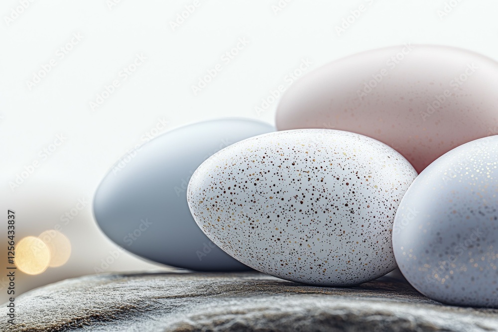 Poster group of eggs with different colors and patterns are arranged on a rock