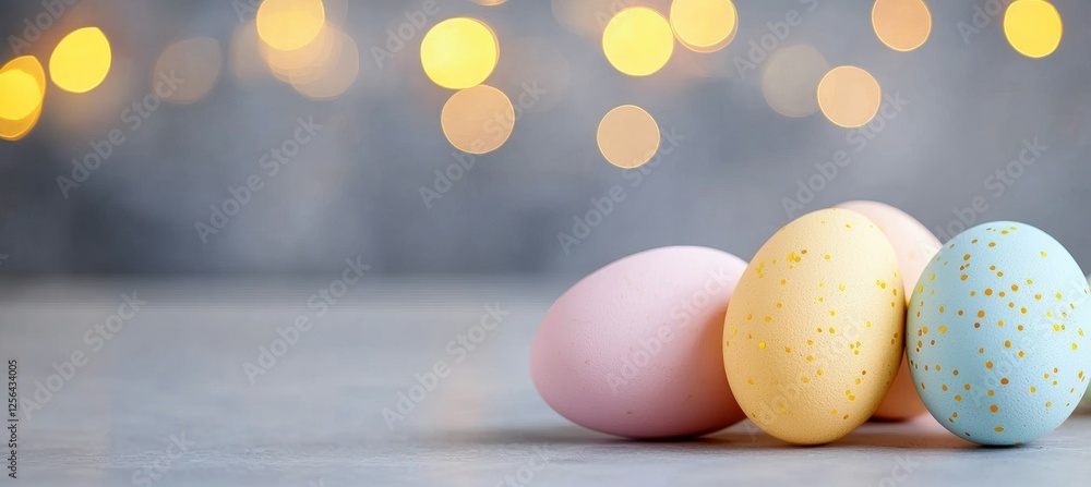 Poster group of three eggs with different colors are arranged on a grey surface