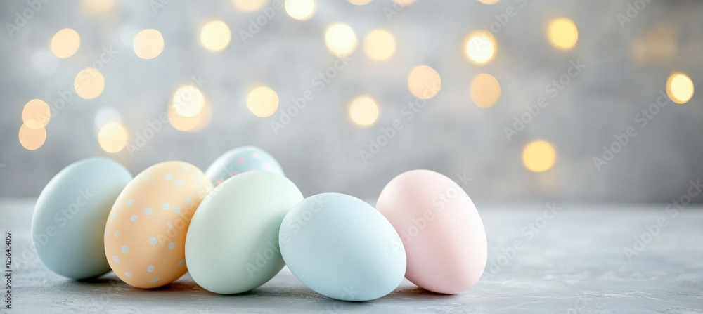 Poster row of colorful eggs are arranged on a grey surface