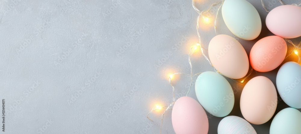 Poster row of colorful eggs are arranged on a grey background