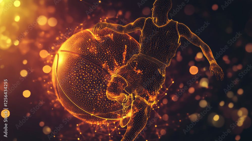 Poster basketball of the particles. a silhouette of a basketball player consists of circles and points. vec