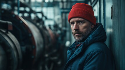 Rugged factory worker in red beanie standing near industrial machinery
