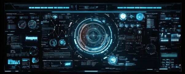 Fototapeta premium Futuristic digital interface with holographic circular display and data visualizations