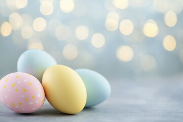 Group of painted eggs are stacked on top of each other