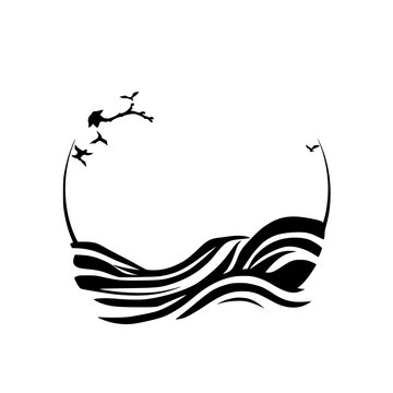 Abstract Minimalist Black and White Logo Style that includes the birds flying over the water and the waves, which looks like an arch.