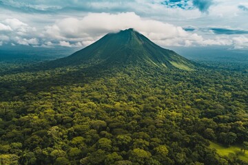 Naklejka premium Stunning aerial view of lush green mountain landscape with rocky formations and dense forest