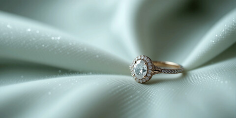 wedding ring with gem embedded on it, on a luxury cloth background 