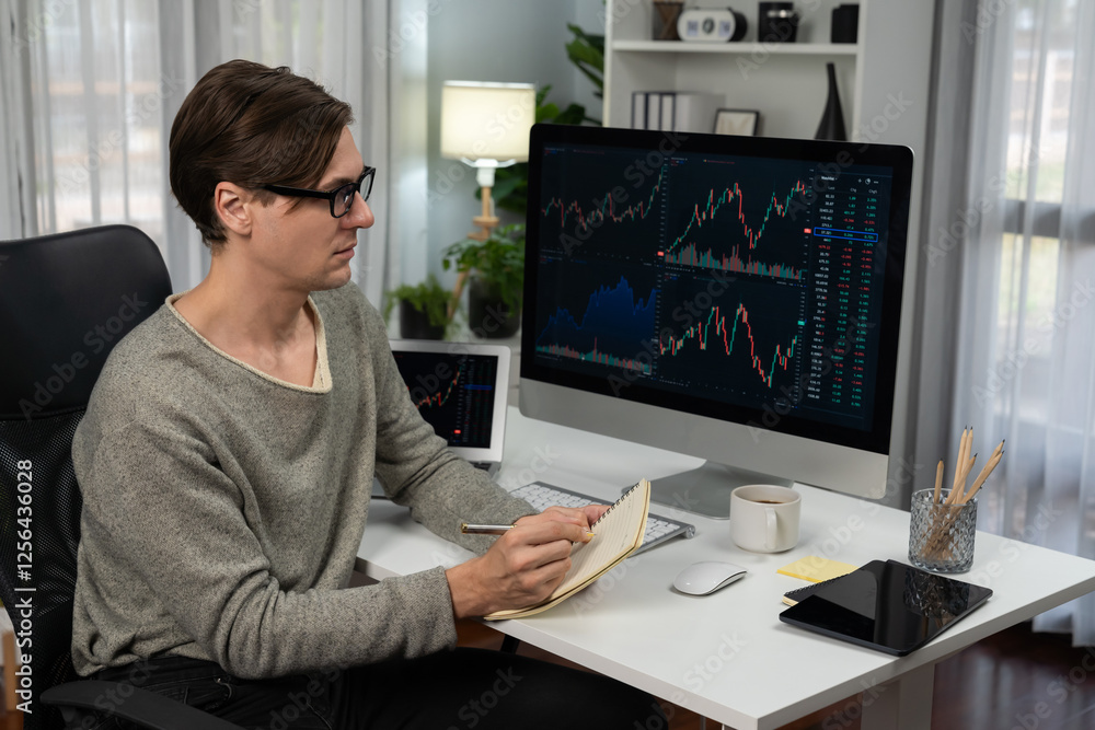 Poster smart businessman trader in casual day analyzing with profit value of dynamic increased stock exchan