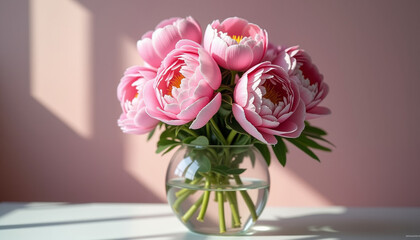 Pink peonies in glass vase against soft pastel background