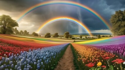 Rainbow over the tulip field 4k