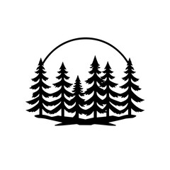 Obraz premium Black and white minimalist silhouetted fir tree cluster enclosed in a circle.