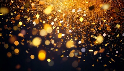 Shiny golden and multicolored confetti raining down against a dark background, with a soft bokeh effect for a dreamy, celebratory feel
