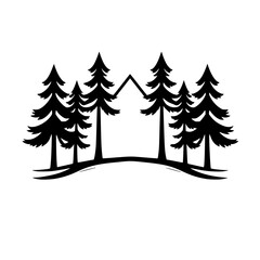 Obraz premium Minimalist black and white silhouette of a mountain scene with trees.