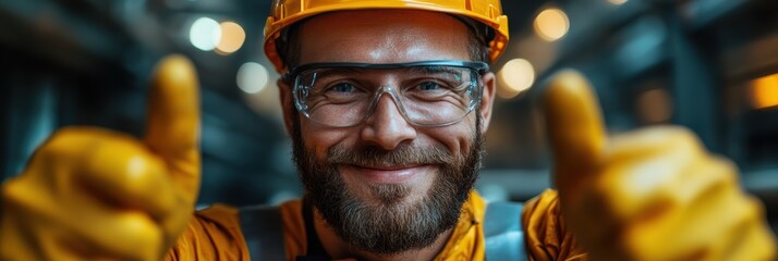 Happy worker celebrating success in a bright industrial environment with thumbs up gesture