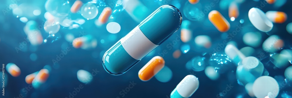 Poster vibrant capsules and tablets in dynamic floating arrangement with colorful details