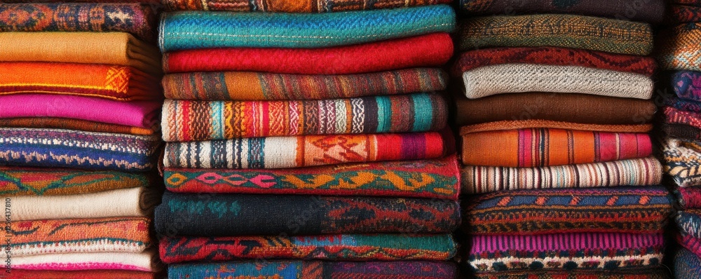 Poster colorful patterned textiles in stacked arrangement
