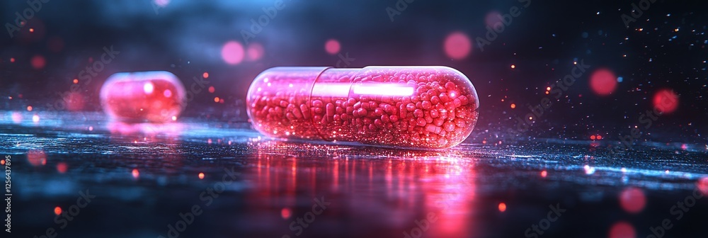 Poster vivid red capsules with glossy surfaces feature intricate designs in an abstract setting