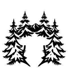 Black-and-White silhouette of fir trees framing a mountain range, capturing nature's essence.