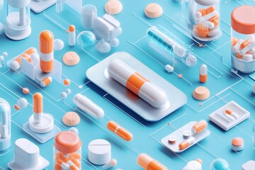 Graphic layouts featuring capsules, tablets, and pharmaceutical elements on a blue background