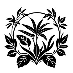 Black and White Botanical Illustration: leaves arranged in a circular pattern, on a white background.