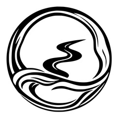 Black and white graphic of a winding river shape framed by a circle, symbolizing nature, flowing water, and waves.