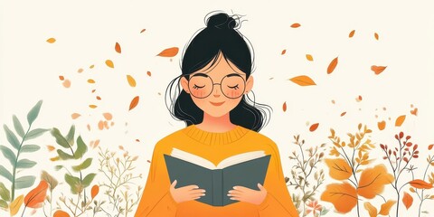 Illustration of a Young Girl with Black Hair Reading a Book Amidst Falling Autumn Leaves and Delicate Floral Arrangements in a Dreamy Setting