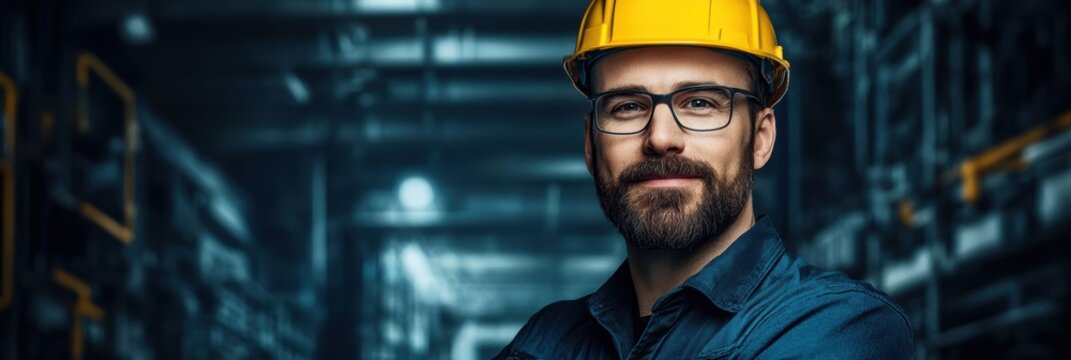 Skilled worker in hard hat stands confidently in an industrial setting