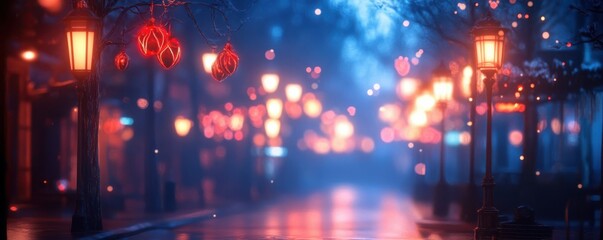 Fototapeta premium Enchanting winter street with glowing lanterns and festive decorations at dusk