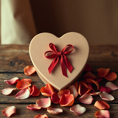 Heart-Shaped Gift Box Amidst Scattered Rose Petals: Romantic Sti