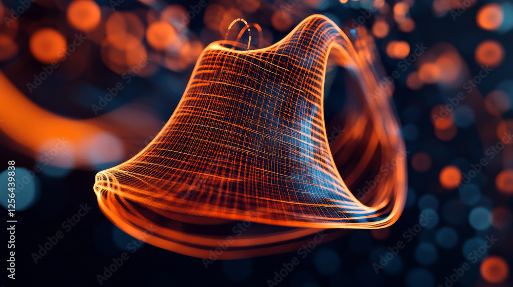 Poster a hologram of a bell. notifications of polygons, triangles of points, and lines. the bell is a low-p