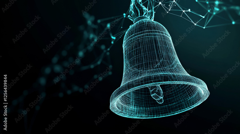 Poster a hologram of a bell. notifications of polygons, triangles of points, and lines. the bell is a low-p