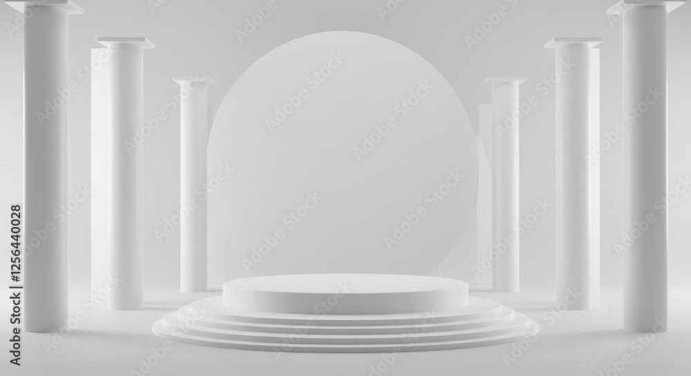 Poster a minimalist stage setup featuring a circular white podium with clean architectural columns in the b