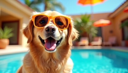 Joyful golden retriever dog wearing oversized orange sunglasses sits near blue pool. Summer...