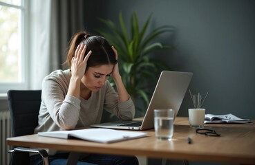 Exhausted woman sits at office desk. Closed laptop shows tiredness of overwork, stress, problems, inspiration lack. Female student suffers pro burnout at workplace. Headache, frustration, fatigue.