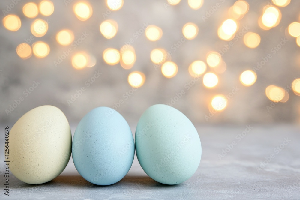 Poster three eggs of different colors are arranged in a row on a grey surface