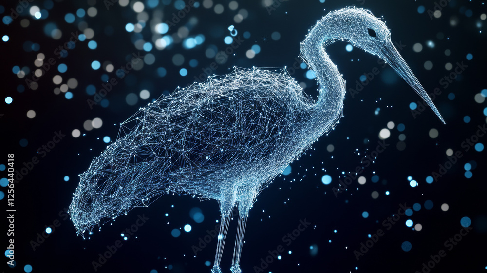 Poster a hologram of a stork. the stork flies from polygons, triangles of dots and lines. stork low-poly co