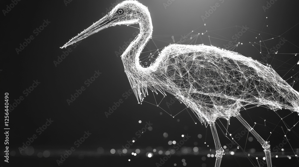 Poster a hologram of a stork. the stork flies from polygons, triangles of dots and lines. stork low-poly co