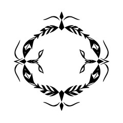 Intricate symmetrical symmetrical ornamental black design of a leaf-like structure on white background.