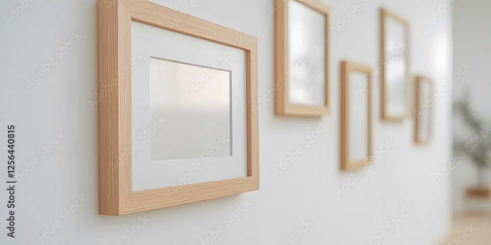 Poster minimalist wall decor: a series of light wood frames with white mattes adorn a clean, white wall, cr