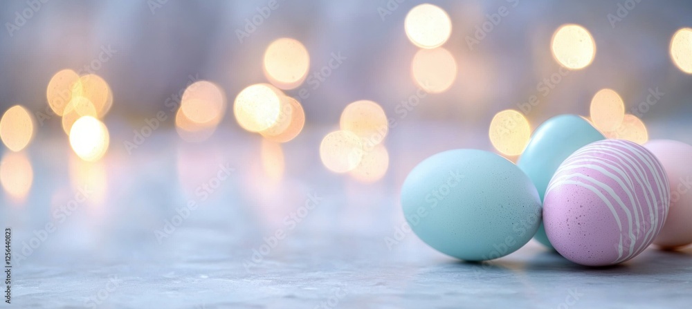Poster group of eggs with different colors and patterns are arranged on a table