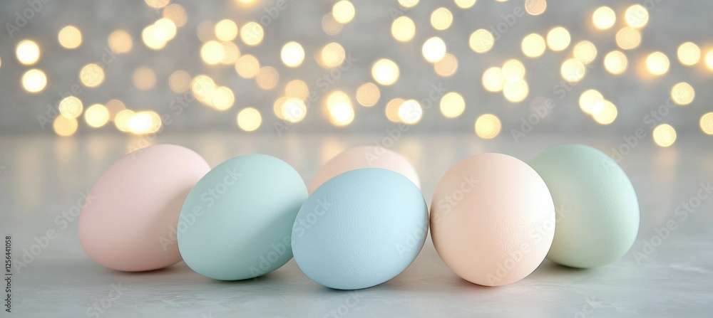 Poster row of colorful eggs are arranged on a counter